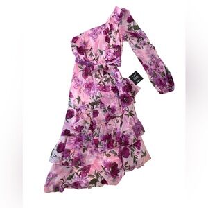 NWT Lulus Such Sweetness Pink Floral Ruffled Midi One Shouldered Dress M